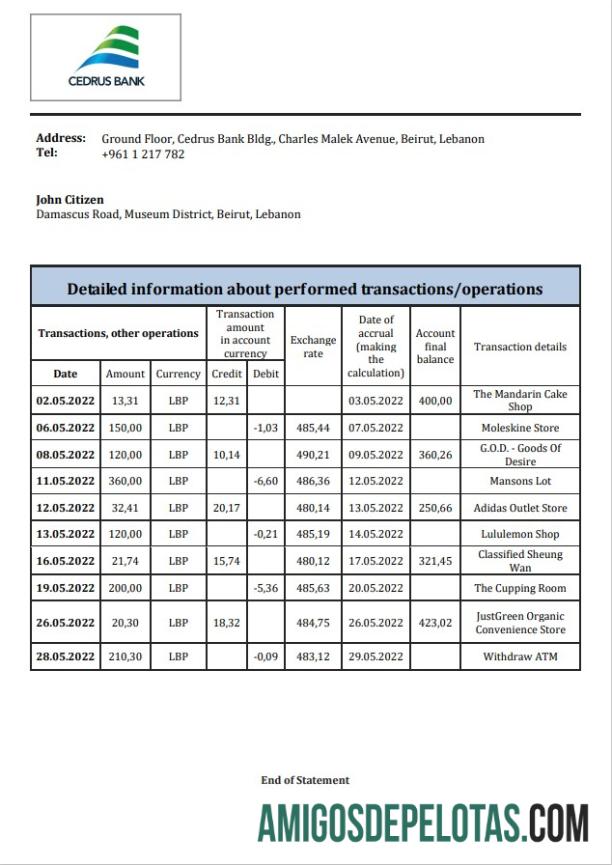 Modelo de extrato bancário de cedro do Líbano